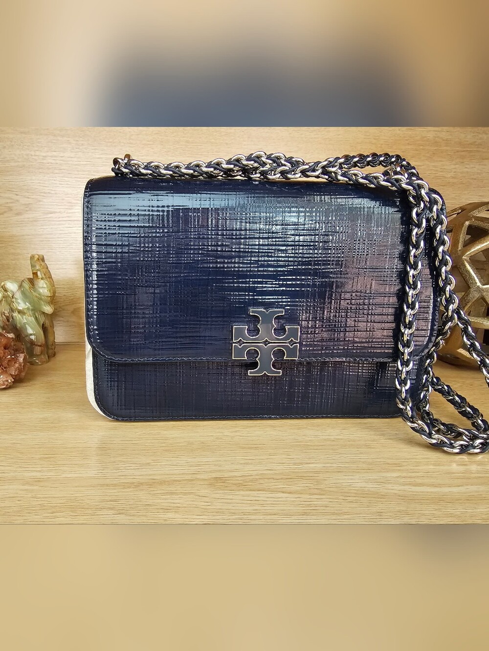 Tory Burch  Britten Textured Patent  Navy Leather Chain Crossbody